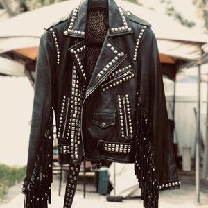 Leather Studded Biker Fringe Jacket Punk Toxic Vision Straight To Hell Leopard